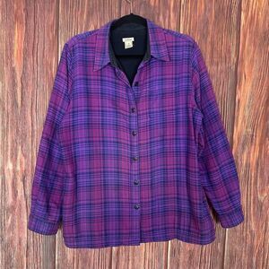 LL Bean Button Up Shirt Women Medium Purple Plaid Fleece Lined Flannel Cold Gear